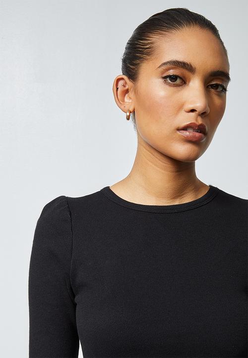 Superbalist - Single hi neck puff sleeve rib top - black