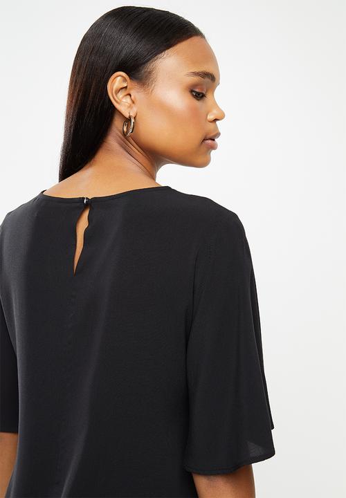edit - Notch neck wide sleeve blouse - black