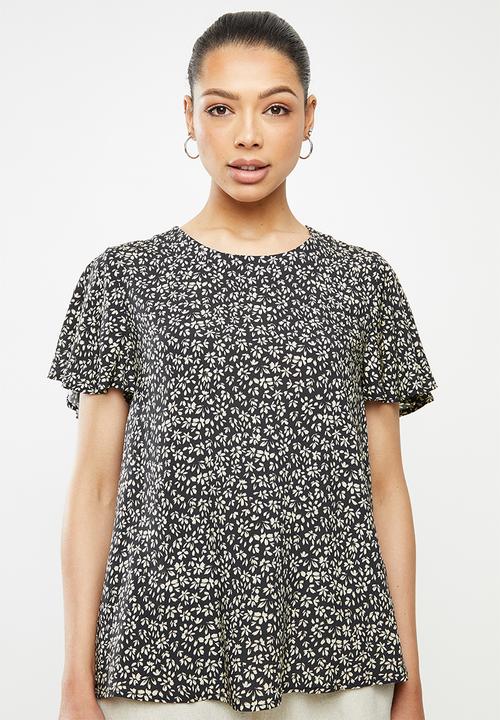 edit - Flutter sleeve crepe shell - black & neutral 