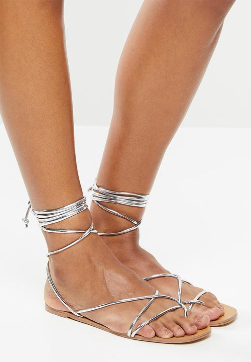 Public Desire - Sunset strappy lace up flat sandal - silver
