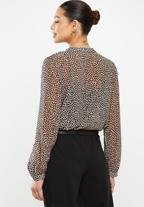edit - Chiffon mandarin collar shirt - stone & black 
