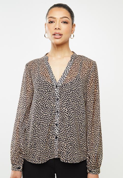 edit - Chiffon mandarin collar shirt - stone & black 