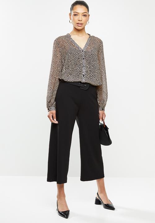 edit - Chiffon mandarin collar shirt - stone & black 
