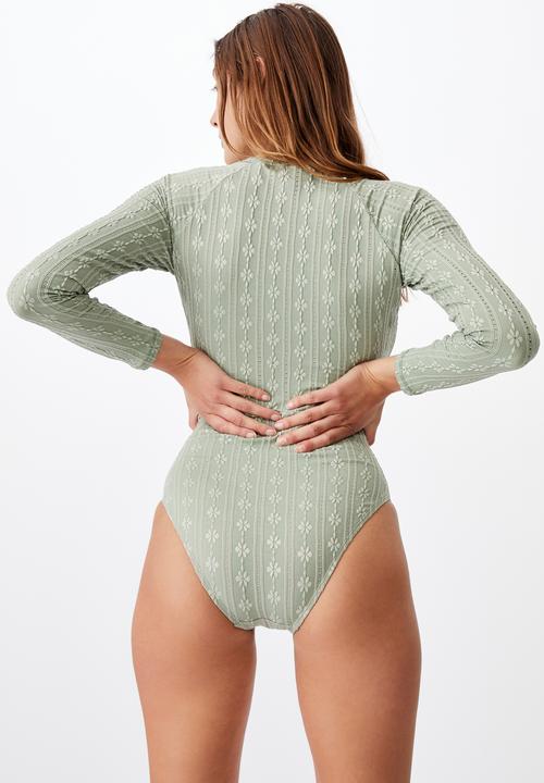 Cotton On - Zip front long sleeve one piece cheeky - bkhaki broiderie