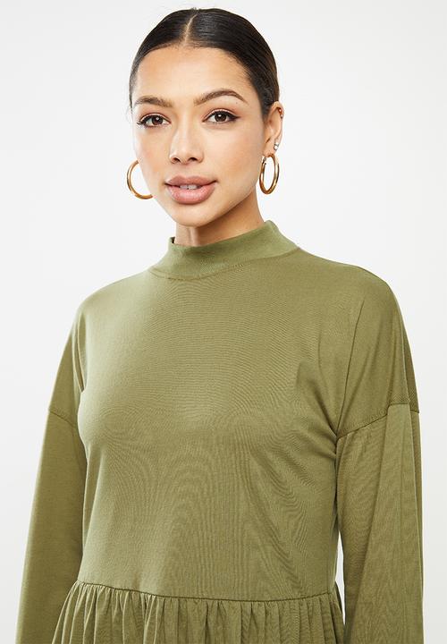 Missguided - High neck frill sleeve smock dress - olive