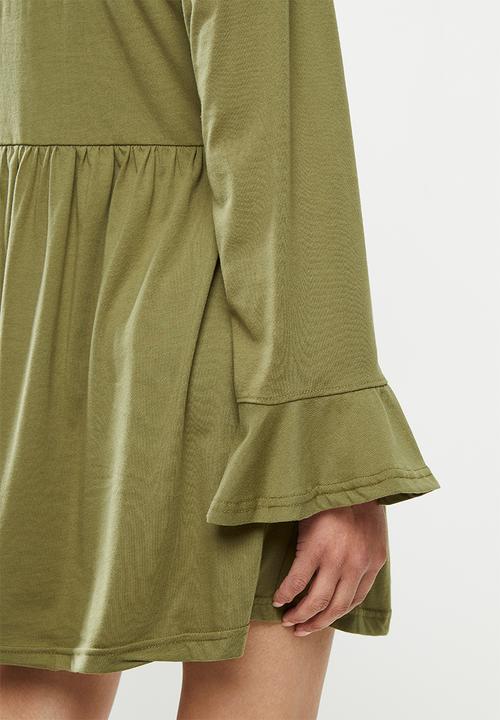 Missguided - High neck frill sleeve smock dress - olive