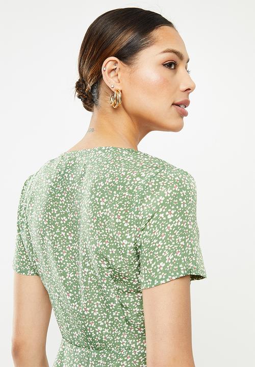 Missguided - Button through tea dress short sleeve ditsy - green
