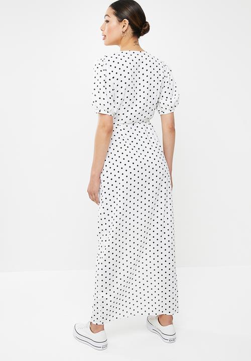 Missguided - Puff sleeve wrap tea maxi dress polka - black & white