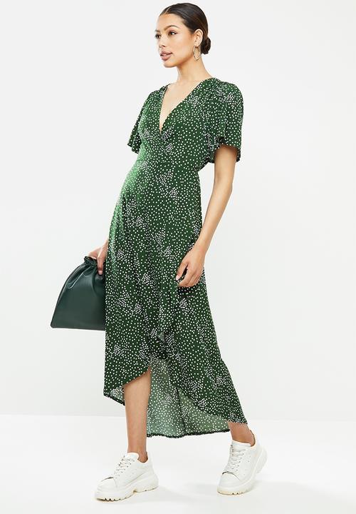 Missguided - High low wrap midi dress short sleeve - green 
