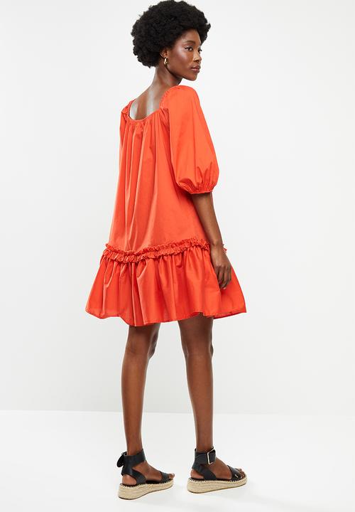 Me&B - Cotton swing dress with picrust detail - orange 