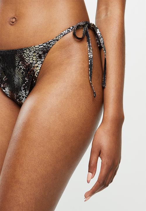 Missguided - Snake print foil tie side bikini bottom - black