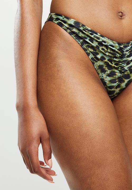Missguided - Animal print ruched bikini bottom - green & black