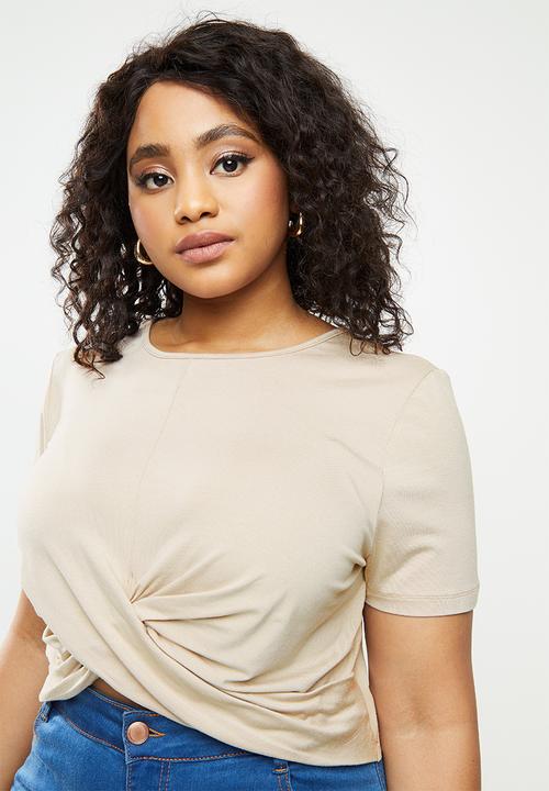 Blake - Wrap front detail crop top with short sleeve - stone