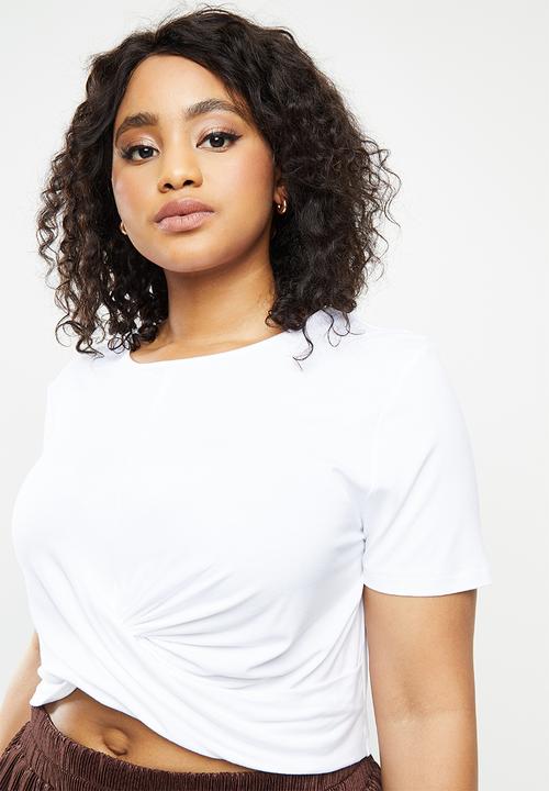 Blake - Wrap front detail crop top with short sleeve - white