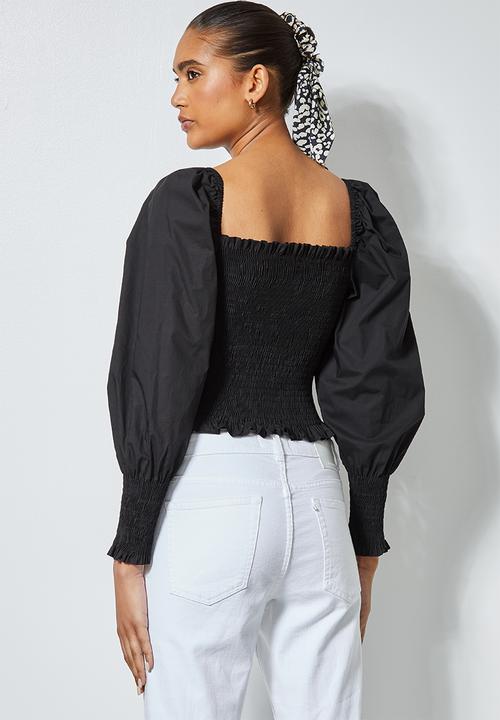 Superbalist - Puff sleeve shirred blouse - black