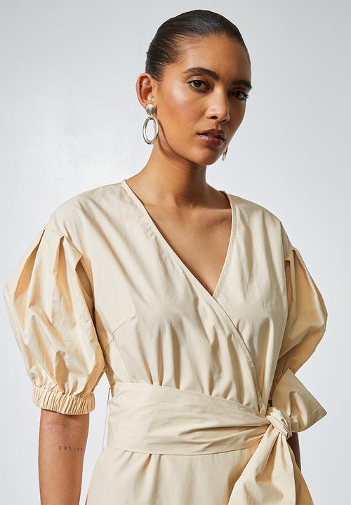 Superbalist - Cotton poplin wrap dress with self tie belt - light stone 