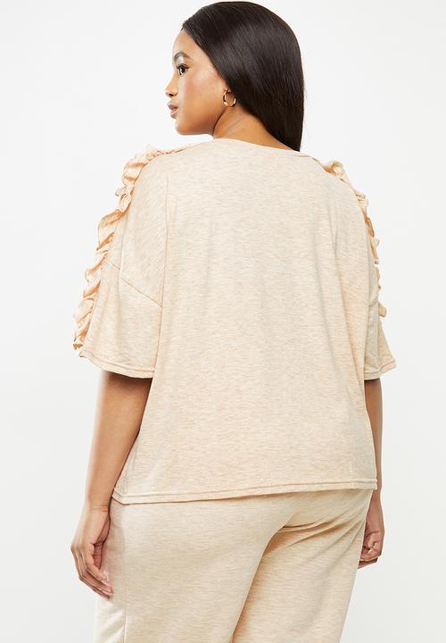 Me&B - Plus oatmeal melange oversized tee with pie crust detail - neutral 