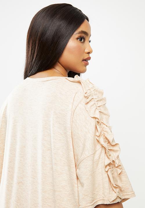 Me&B - Plus oatmeal melange oversized tee with pie crust detail - neutral 