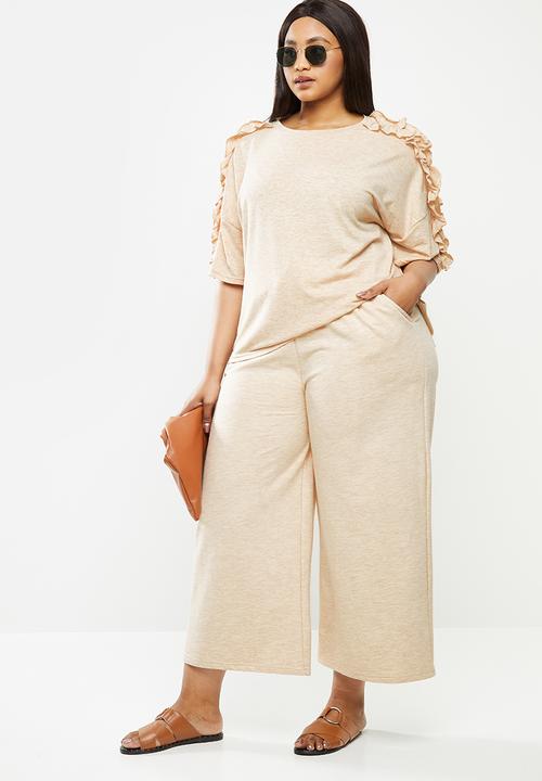 Me&B - Plus oatmeal melange oversized tee with pie crust detail - neutral 