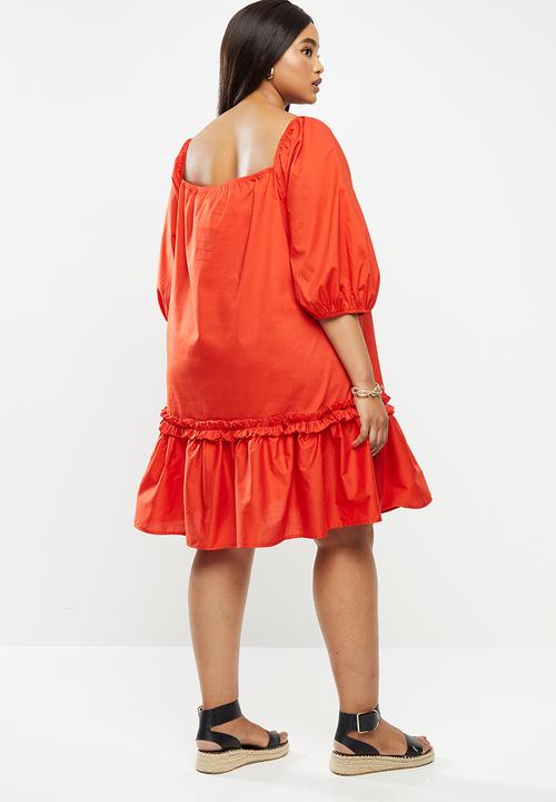 Me&B - Plus cotton swing dress with picrust detail - red 