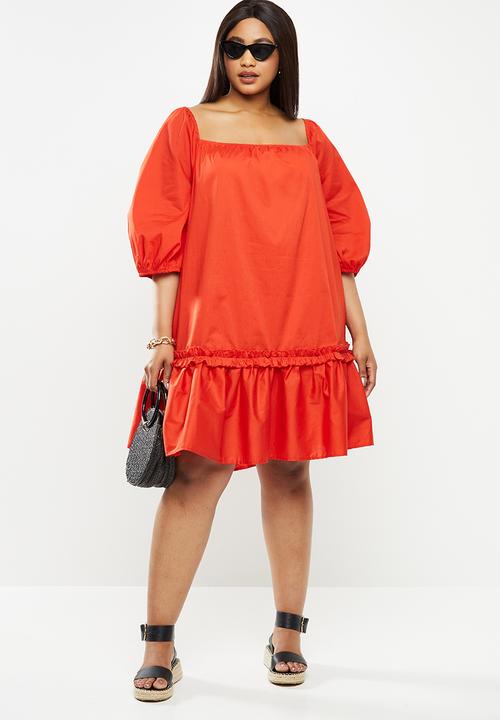 Me&B - Plus cotton swing dress with picrust detail - red 