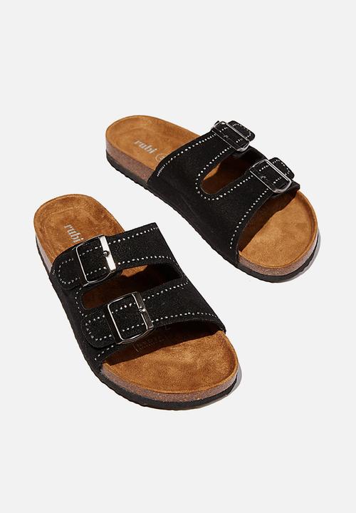 Cotton On - Rex embellished double buckle slide - black studded rough micro