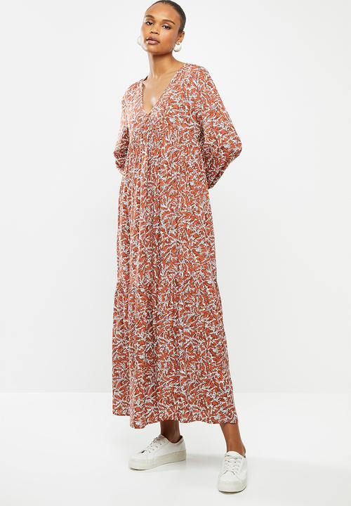 edit - Long sleeve v-neck tiered midi dress - rust & white