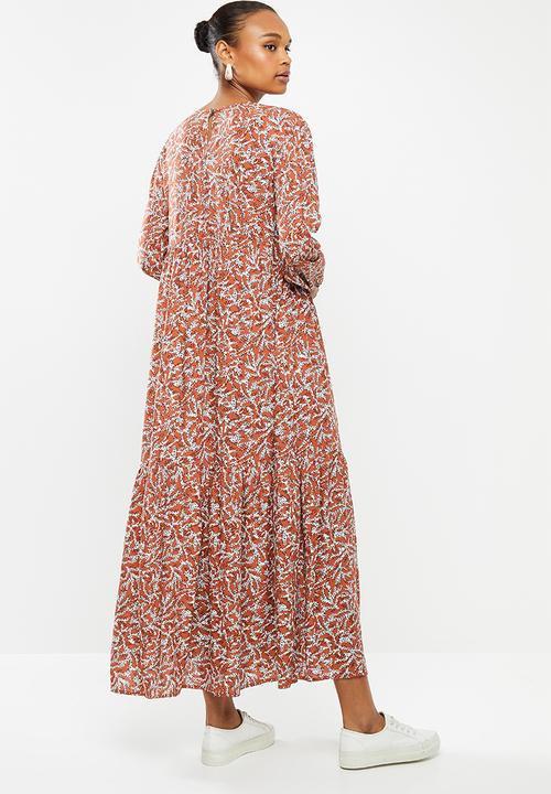 edit - Long sleeve v-neck tiered midi dress - rust & white