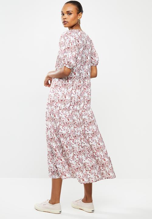 edit - Puff sleeve tiered maxi dress - pink & white