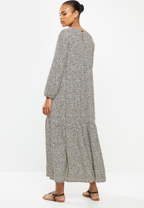 edit - Long sleeve v-neck tiered midi dress - beige & black 