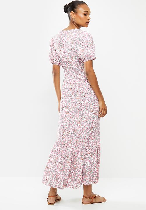 edit - Puff sleeve v-neck tiered maxi - pink & white