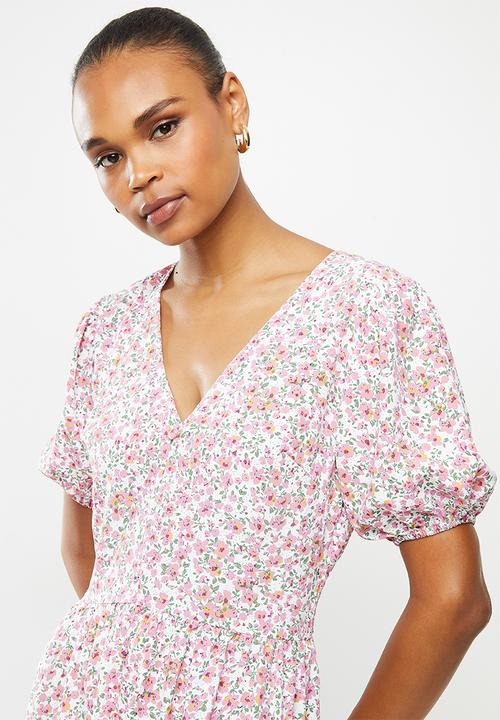 edit - Puff sleeve v-neck tiered maxi - pink & white