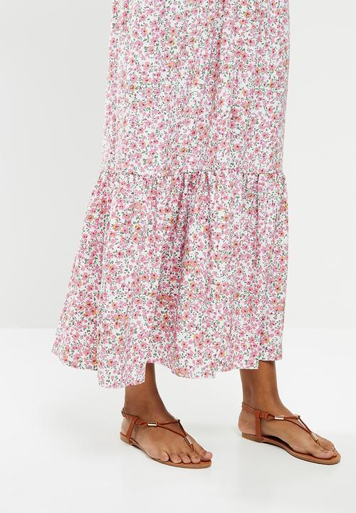 edit - Puff sleeve v-neck tiered maxi - pink & white