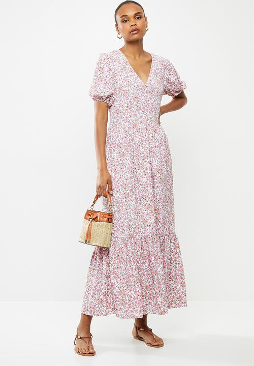 edit - Puff sleeve v-neck tiered maxi - pink & white