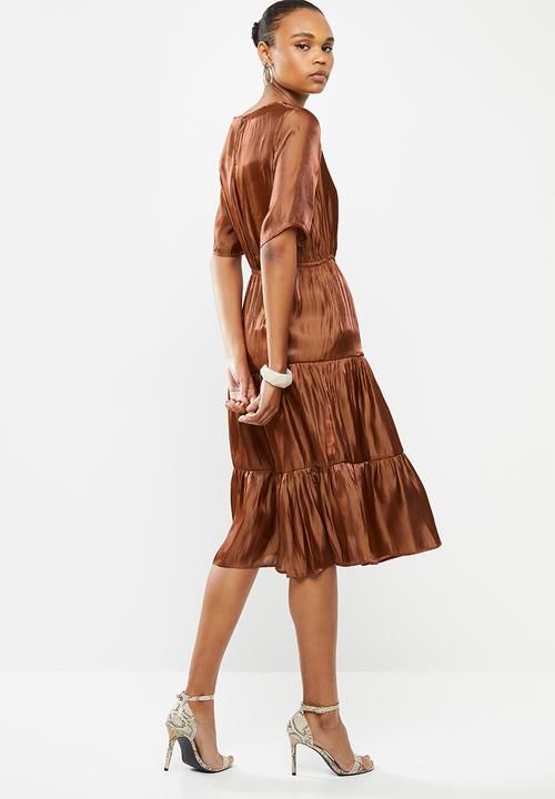 edit - Satin tiered midi dress - bronze