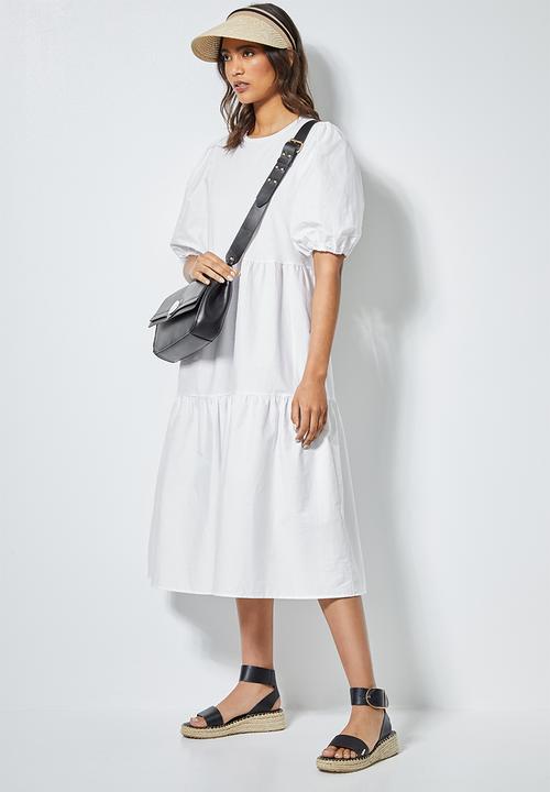 Superbalist - Combo fabric tiered dress - white