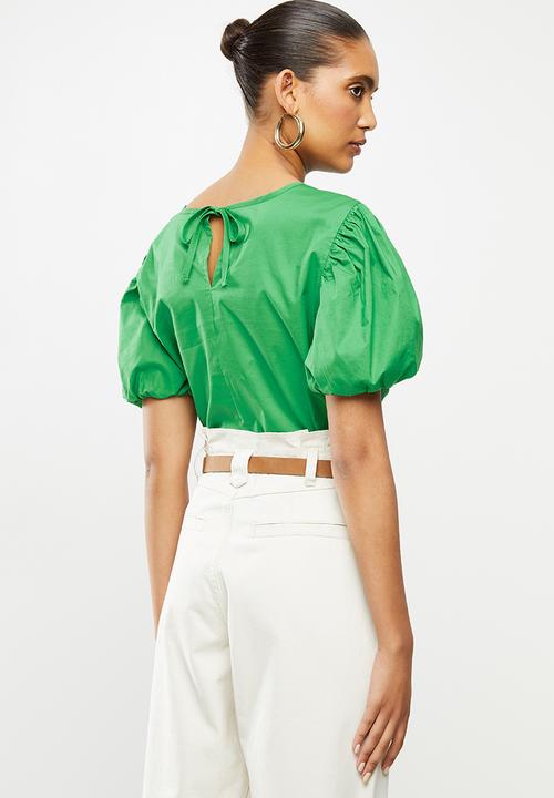 Blake - Cotton poplin puff sleeve top - green
