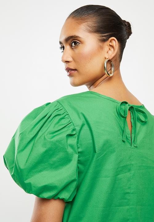 Blake - Cotton poplin puff sleeve top - green