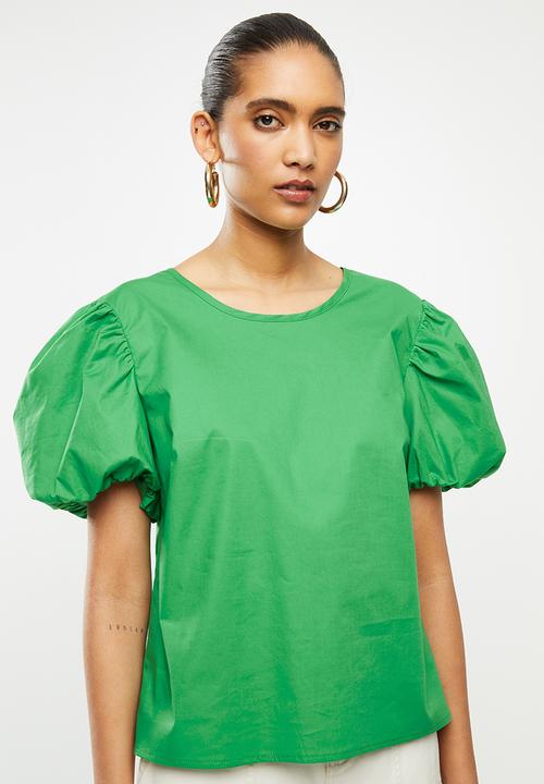 Blake - Cotton poplin puff sleeve top - green