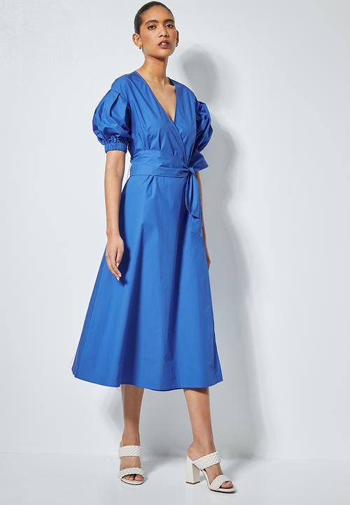Superbalist - Poplin wrap dress with self tie belt - blue
