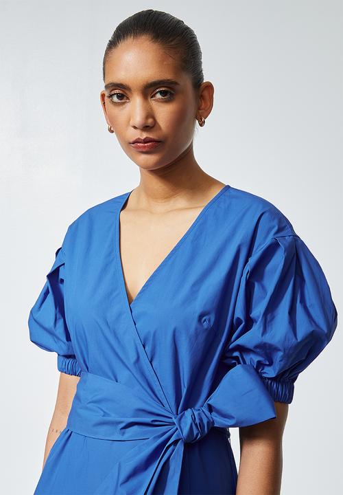 Superbalist - Poplin wrap dress with self tie belt - blue