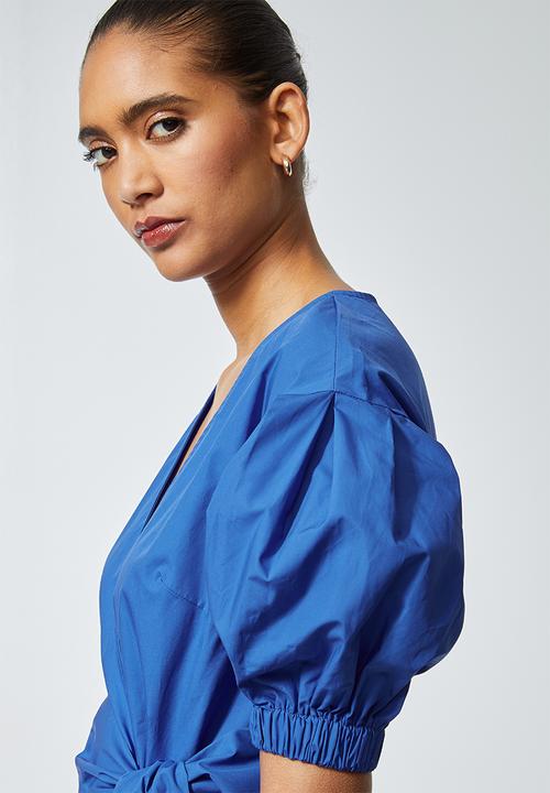 Superbalist - Poplin wrap dress with self tie belt - blue