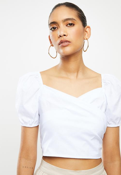 Blake - Mock wrap puff sleeve crop top - white