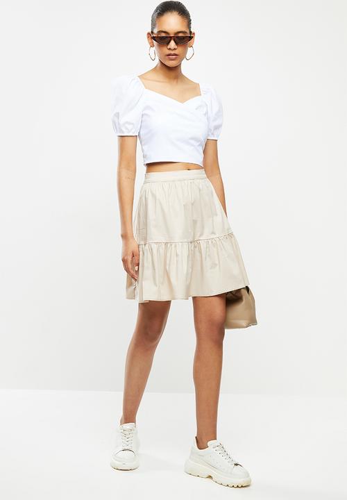 Blake - Mock wrap puff sleeve crop top - white