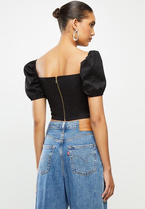 Blake - Mock wrap puff sleeve crop top - black