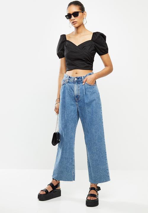 Blake - Mock wrap puff sleeve crop top - black
