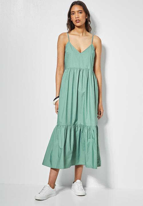 Superbalist - Tie back cotton strappy midi dress - dark sage 