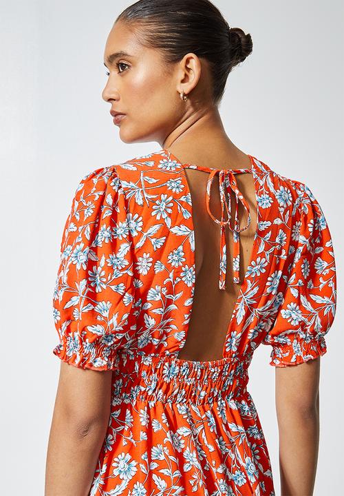 Superbalist - V-neck dress with shirred waist & open back - tangerine floral