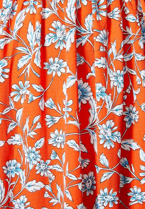 Superbalist - V-neck dress with shirred waist & open back - tangerine floral