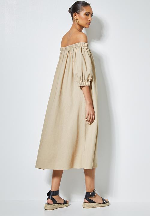 Superbalist - Linen blend off the shoulder dress - clay